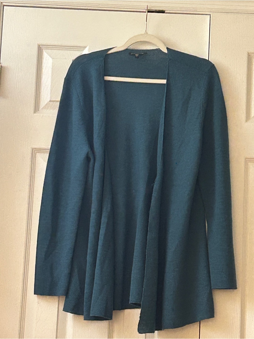 Eileen Fisher Wool Cardigan Sweater L Large Teal Green Open Front Knit Good Cond